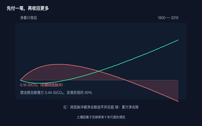 图2:先出现排放脉冲,净去除随后追平并反超,滞后来自土壤阳离子交换